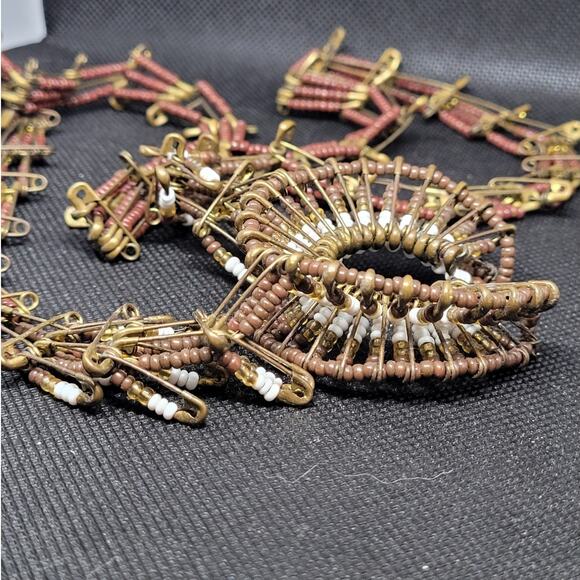 Retro Luxe Brown White Bead Squash Blossom Necklace Boho Statement Style - Picture 7 of 8